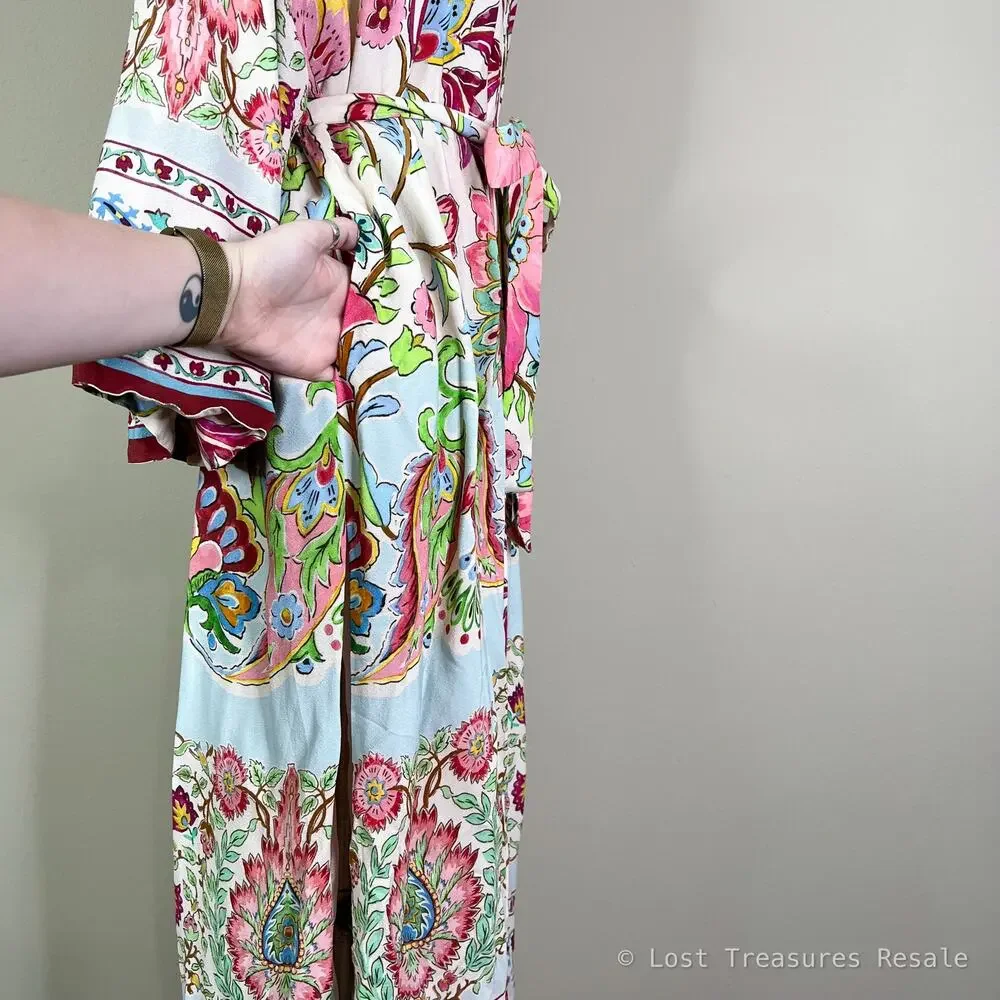 ZARA | Floral Print Belted Long Kimono Duster Cover Up White Pink Cardigan Large